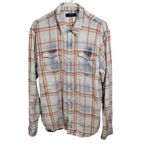 Lucky Brand  Plaid Snap Down In a Faded White, Blue & Orange Design Size L